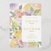 カクテル&シトラスフルーツ結婚の水彩花模様 箔招待状 (正面)
