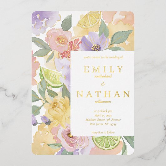 カクテル&シトラスフルーツ結婚の水彩花模様 箔招待状 (正面)