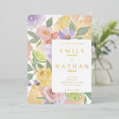 カクテル&シトラスフルーツ結婚の水彩花模様 箔招待状 (立ち正面)