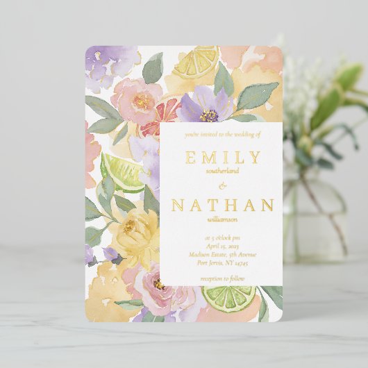 カクテル&シトラスフルーツ結婚の水彩花模様 箔招待状 (立ち正面)