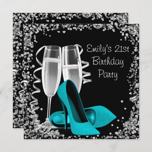 カクテル ハイヒール ブラックとターコイズ バースデー 招待状 (正面/裏面)
