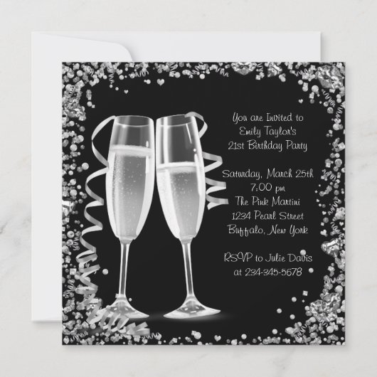 カクテル ハイヒール ブラックとターコイズ バースデー 招待状 (裏面)