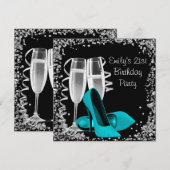 カクテル ハイヒール ブラック ティール 誕生日 招待状 (正面/裏面)