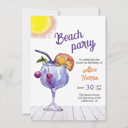 カクテル ビーチパーティー スウィート16 招待状 (正面)