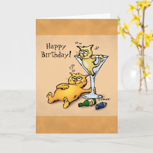 カクテル&子猫マンガ誕生日カード カード (黄色い花)