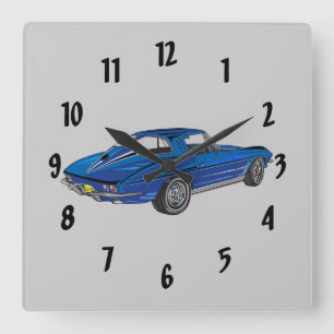 カクラシックーブルー1963コルベットデザインウォールクロック スクエア壁時計