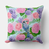 カケスと花の水彩模様 クッション (正面)