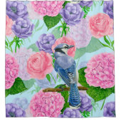 カケスと花の水彩模様 シャワーカーテン (正面)