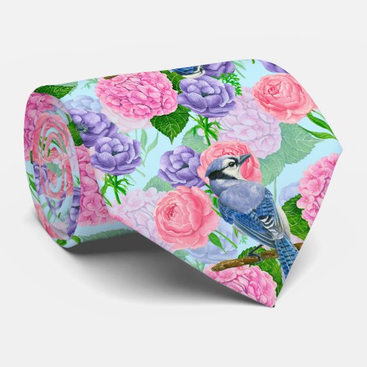 カケスと花の水彩模様 ネクタイ (ロール)