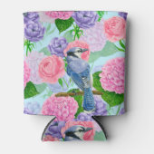 カケスと花の水彩模様 缶クーラー (正面)