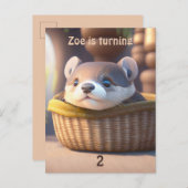 カゴに可愛いベビー-子供の誕生日 インビテーションポストカード (正面/裏面)