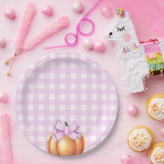 カゴの赤ちゃんシャワーでピンクの弓とカボチャ ペーパープレート (パーティー)