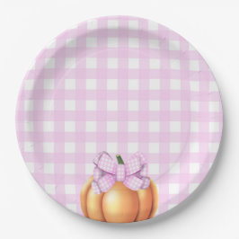 カゴの赤ちゃんシャワーでピンクの弓とカボチャ ペーパープレート