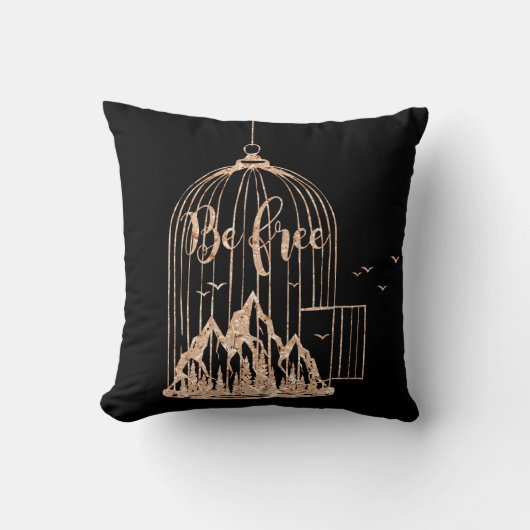 カゴの鳥から自由にピンクのバラ銅ブラック クッション (正面)