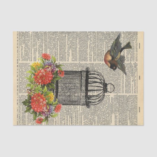 カゴ鳥デコページ付きヴィンテージ新聞 薄葉紙 (正面)