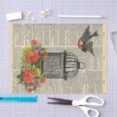 カゴ鳥デコページ付きヴィンテージ新聞 薄葉紙 (クラフト)