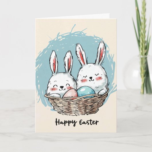 カゴ・イースター・カードに入ったかわいいバンニー カード (正面)