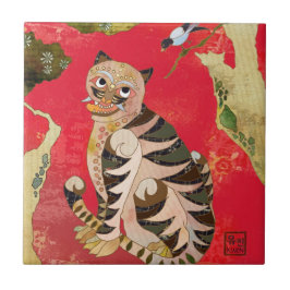 カササギおよびトラの韓国の民芸の陶磁器のDecoのタイル タイル