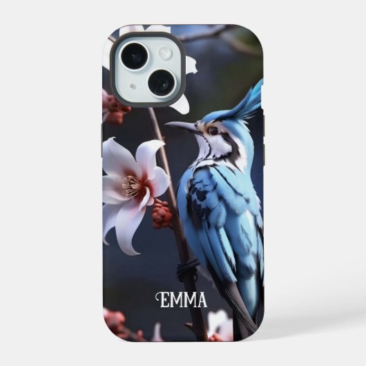 カササギと花のカスタムネーム iPhone 15ケース (裏面)