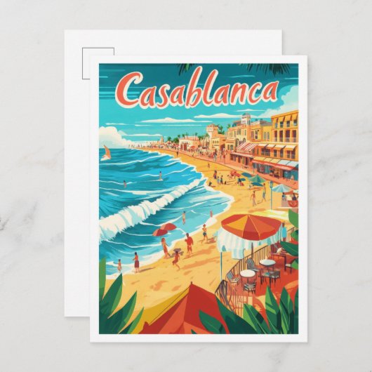 カサブランカモロッコアートヴィンテージトラベルイラストレーション ポストカード (正面/裏面)