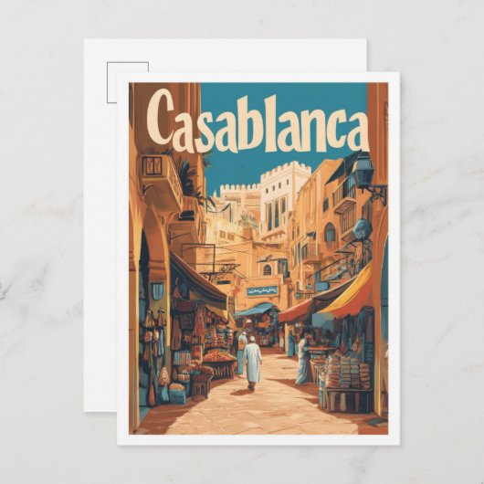 カサブランカモロッコアートヴィンテージトラベルイラストレーション ポストカード (正面/裏面)