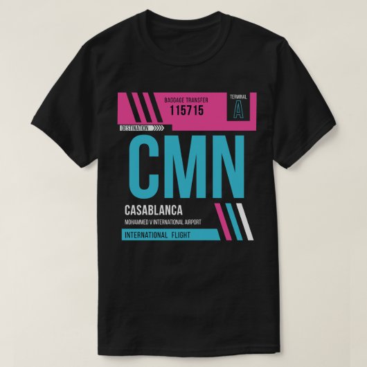 カサブランカCMN空港コードバゲージラベル Tシャツ (デザイン正面)