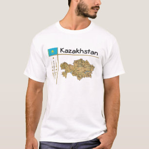 カザフスタンマップ+フラグ+タイトルTシャツ Tシャツ