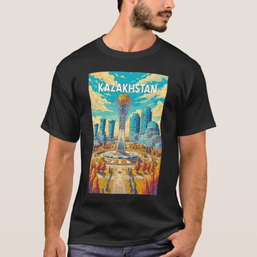 カザフスタン イラスト 旅行 アート ヴィンテージ Tシャツ (正面)