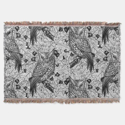 カシの木にフクロウと黒と白 スローブランケット (正面)