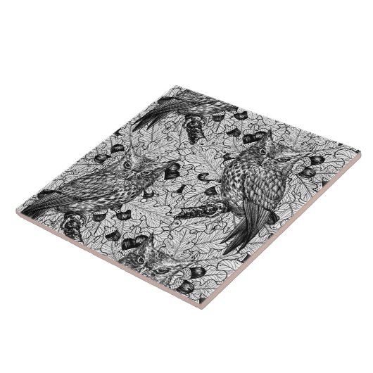 カシの木にフクロウと黒と白 タイル (側面)
