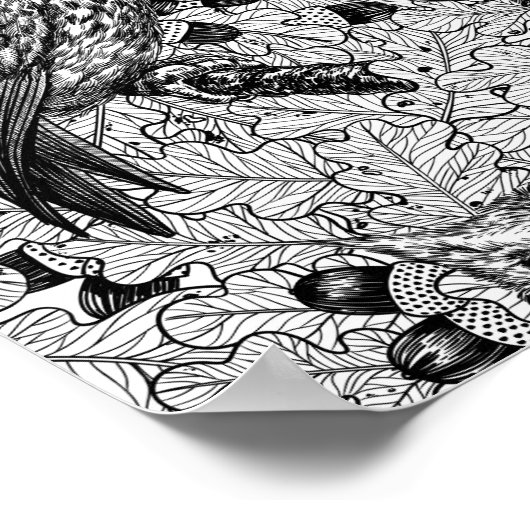 カシの木にフクロウと黒と白 ポスター (角)