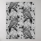 カシの木にフクロウと黒と白 ポスター (正面)