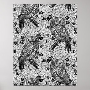 カシの木にフクロウと黒と白 ポスター