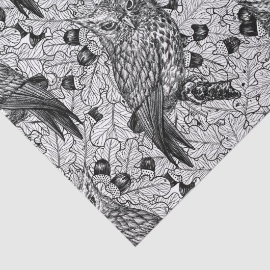 カシの木にフクロウと黒と白 薄葉紙 (詳細)