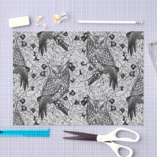 カシの木にフクロウと黒と白 薄葉紙 (クラフト)