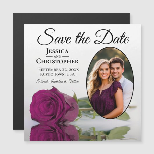 カシスバラホワイトウェディングの日付写真を保存 マグネット招待状 (正面/裏面)