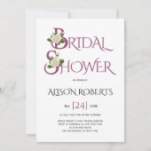 カシスパープルタイポグラフィ及びバラブライダルシャワー 招待状 (正面)