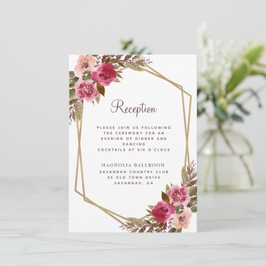 カシスパープルフローラ金ゴールドフレームウェディングレセプション エンクロージャーカード (スタンド正面)