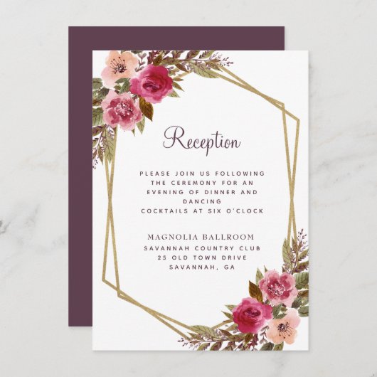 カシスパープルフローラ金ゴールドフレームウェディングレセプション エンクロージャーカード (正面/裏面)
