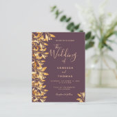 カシスパープル金ゴールド植物結婚式招待状 ポストカード (スタンド正面)