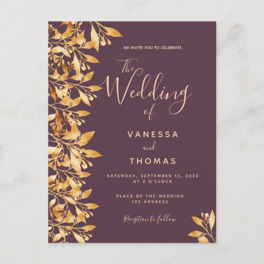 カシスパープル金ゴールド植物結婚式招待状 ポストカード (正面)