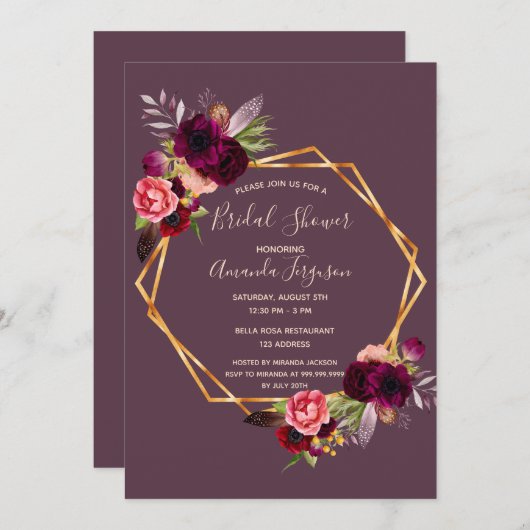 カシスブルゴーニュフローラ幾何学ブライダルシャワー 招待状 (正面/裏面)