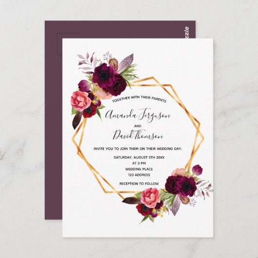 カシスブルゴーニュ花模様金ゴールド結婚式招待状 ポストカード (正面/裏面)