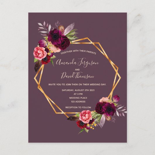 カシスブルゴーニュ花模様金ゴールド結婚式招待状 ポストカード (正面)