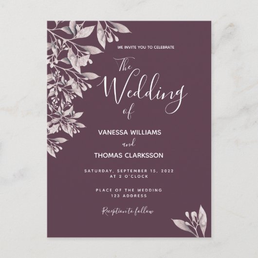 カシス植物紫色のスクリプト結婚式招待状 ポストカード (正面)