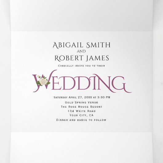 カシス紫イニシャルとアンパサンド、バラ結婚ズ 三つ折り招待状 (内部中)