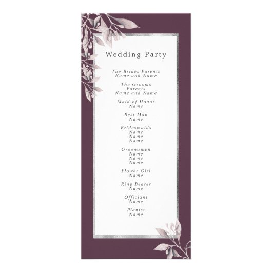 カシス紫色の植物性フローラ結婚式プログラム ラックカード (裏面)