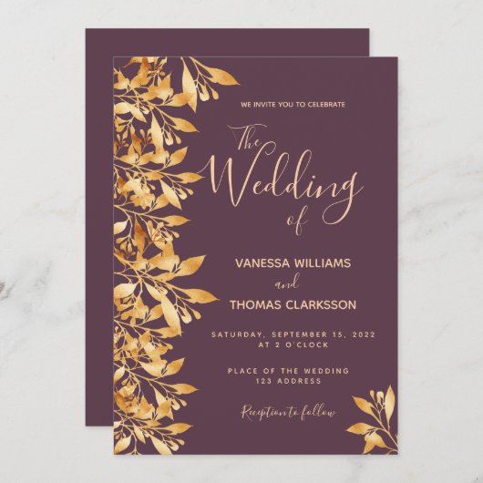 カシス・パープル金ゴールド結婚植物書 招待状 (正面/裏面)