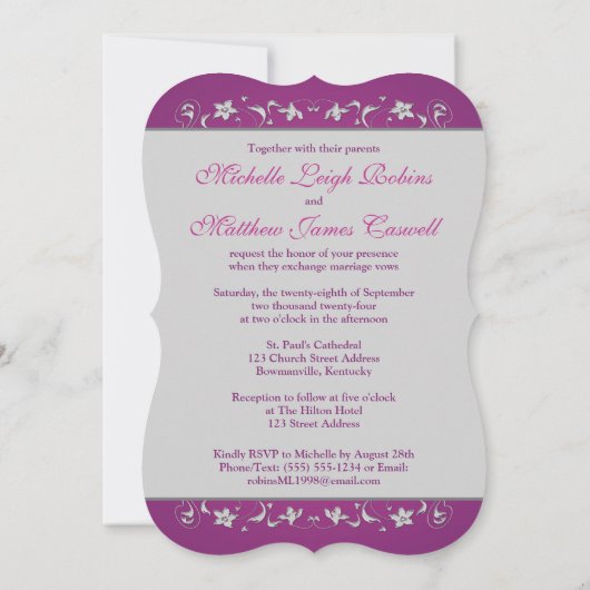 カシス・パープル、シルバー、フローラ、ハート結婚ズ 招待状 (裏面)