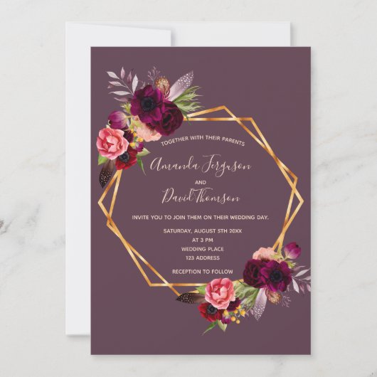 カシス・ブルゴーニュ花模様金ゴールド結婚幾何学模様 招待状 (正面)